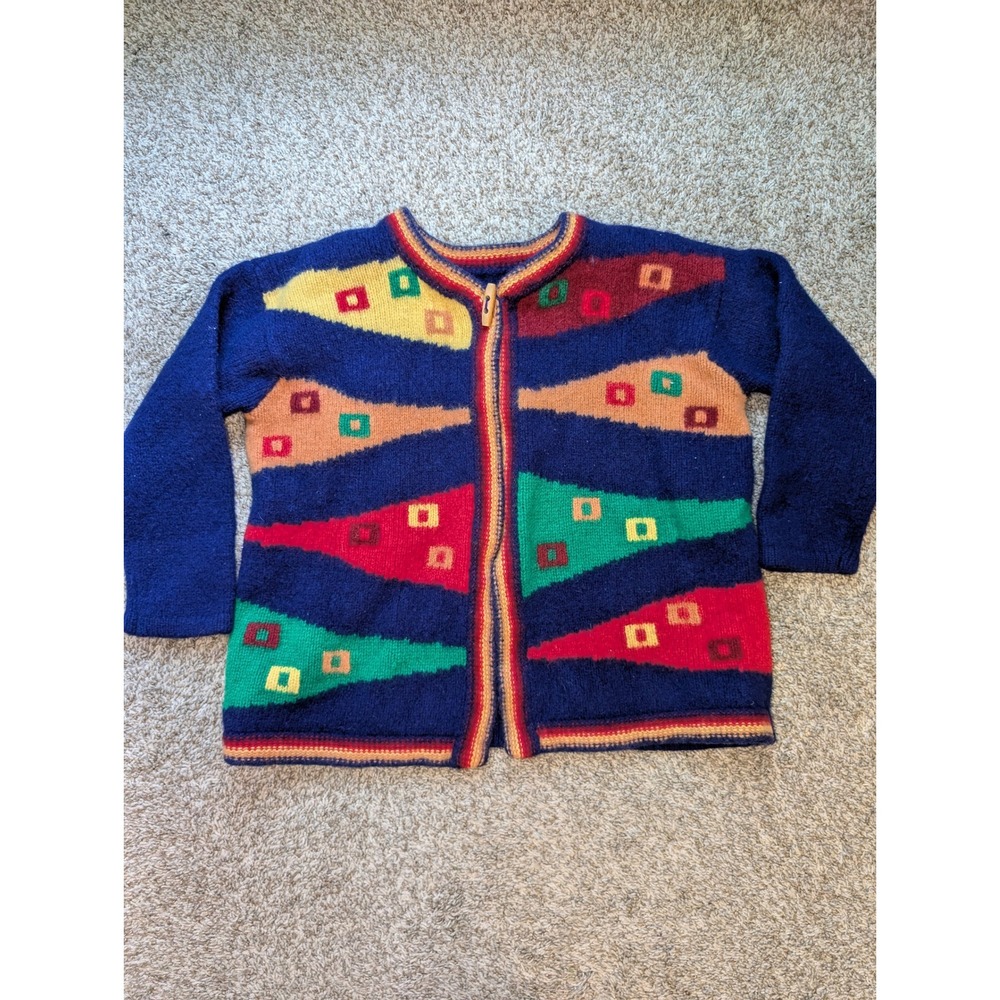 Vintage Shetland Wool Cardigan Women Large Navy Blue Geometric Knit 90s Sweater